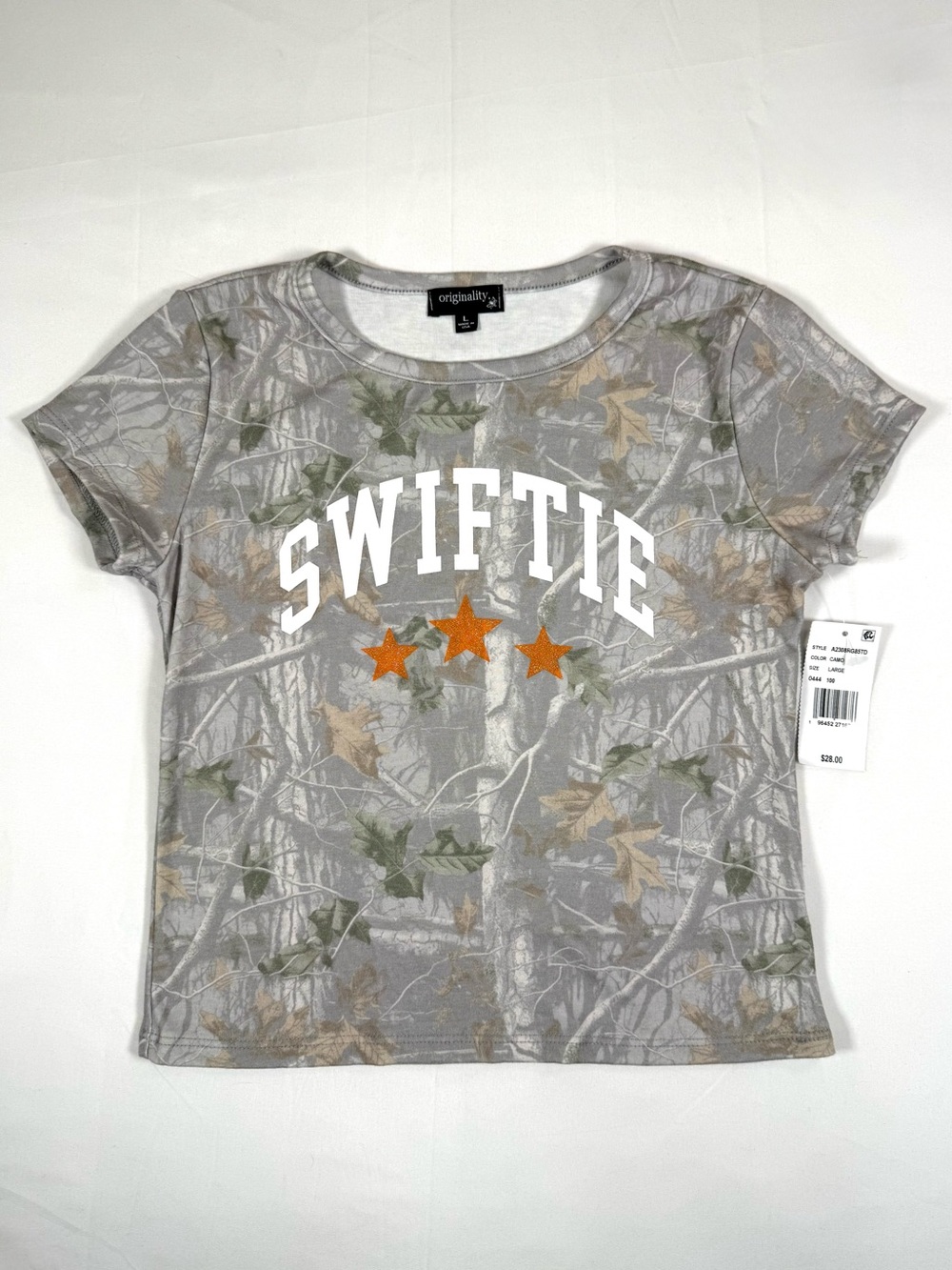 NWT ORIGINALITY Girls Swiftie Camo Baby Tee L Taylor Inspired Realtree Western
